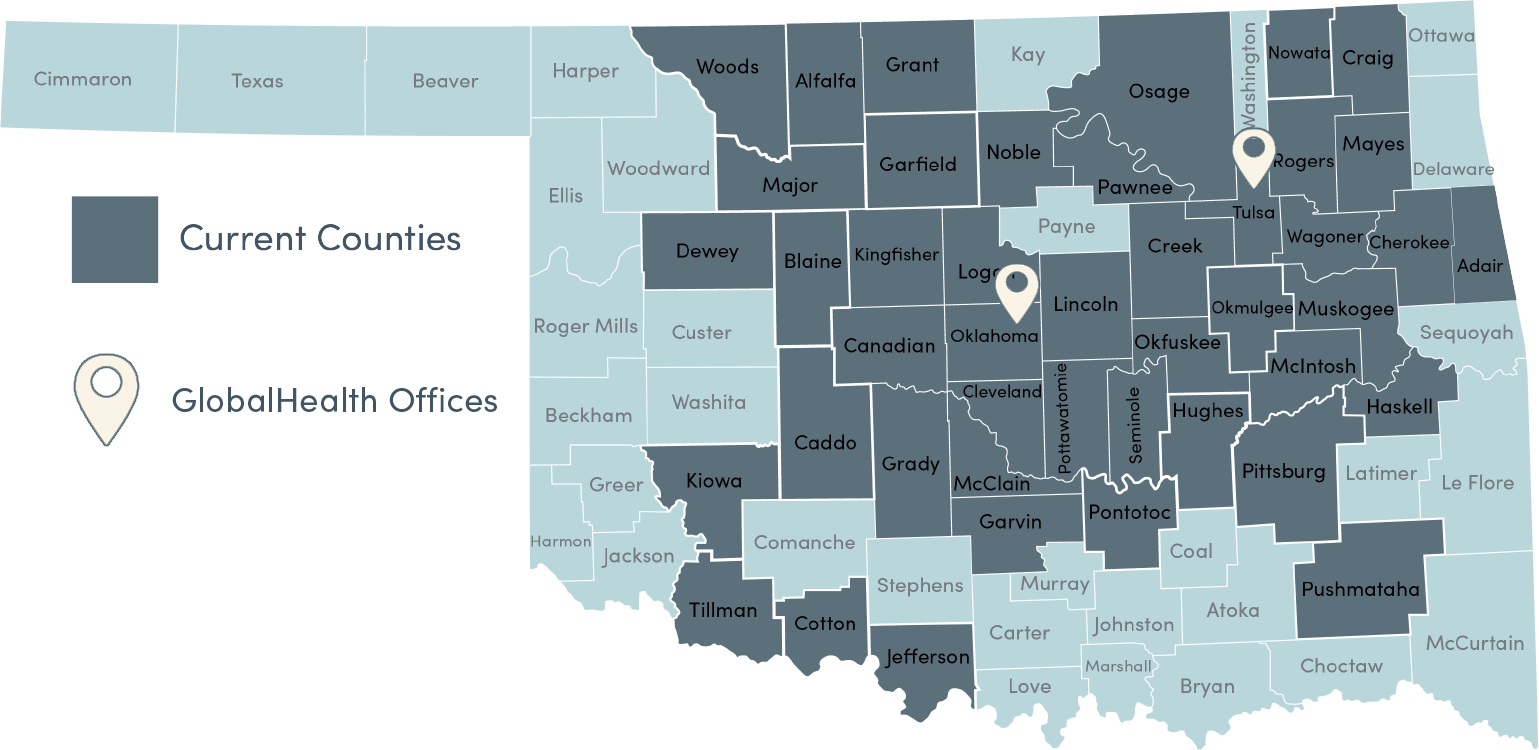 GlobalHealth coverage map of Oklahoma